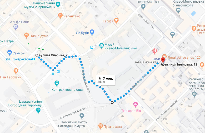 The route from the metro Kontraktova Square